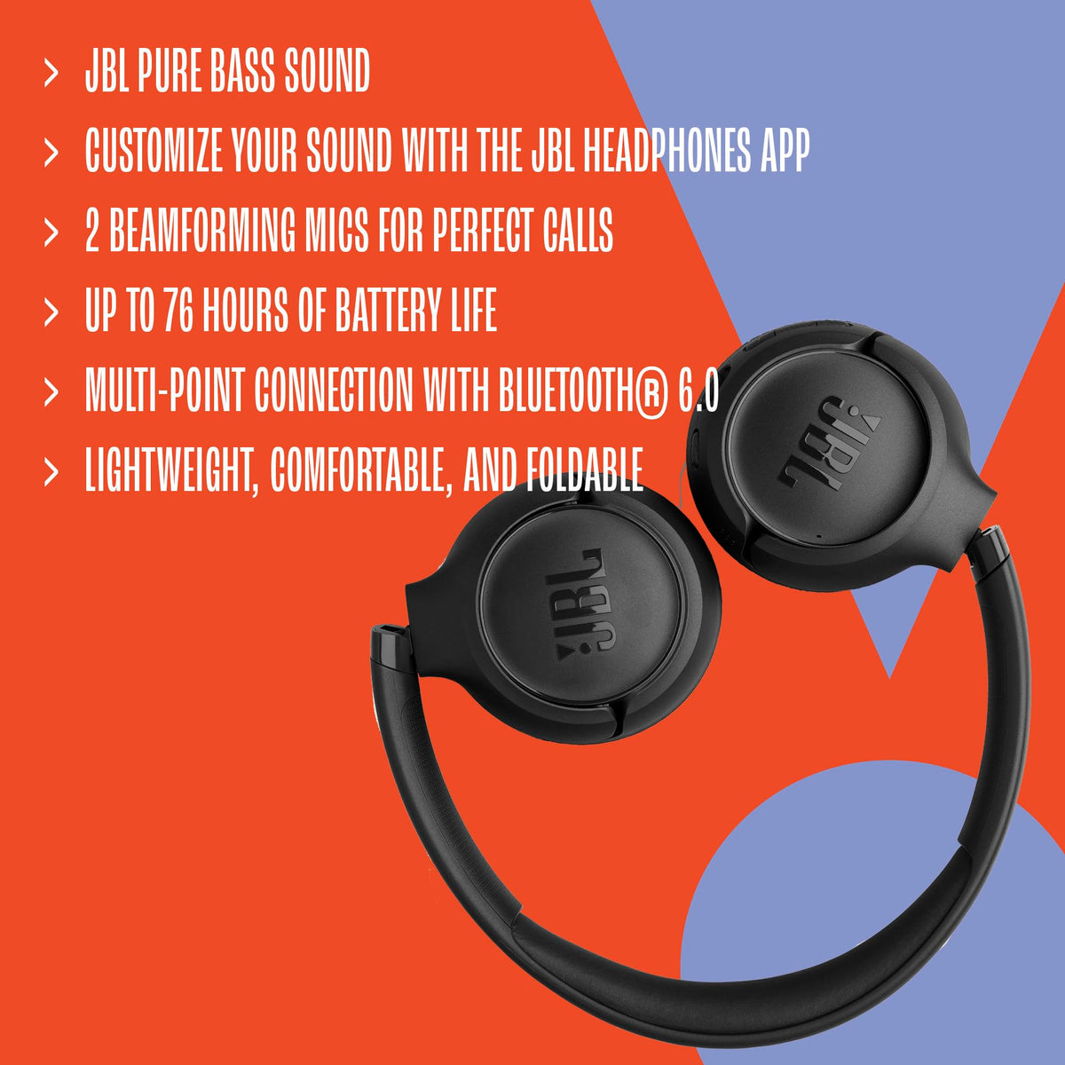 JBL Tune 530BT - Wireless on-Ear Bluetooth® Headphones with JBL Pure Bass Sound, JBL App, 2 beamforming mics, Multi-Point Connection, Up to 76 Hours of Battery Life - Black