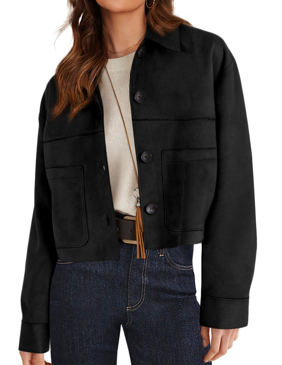 PRETTYGARDEN Women's Faux Suede Lightweight Cropped Jacket Black,S 🍁 All In One Marketplace Canada