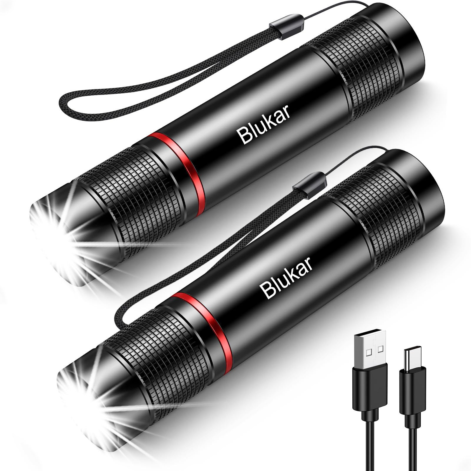 Blukar LED Rechargeable Flashlight 2 Pack, Super Bright Small Handheld Flashlights- Zoomable, Adjustable Brightness, Long Lasting Flash Light, Waterproof Pocket Size Torch Light for Emergency, Camping