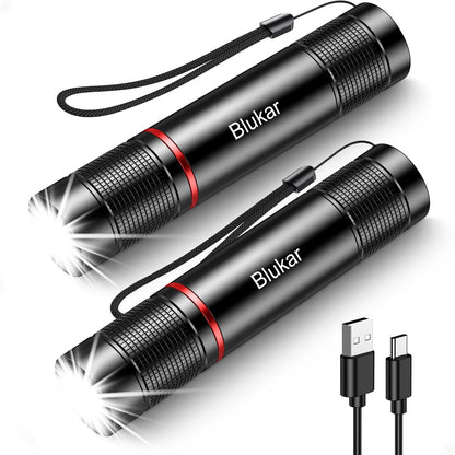 Blukar LED Rechargeable Flashlight 2 Pack, Super Bright Small Handheld Flashlights- Zoomable, Adjustable Brightness, Long Lasting Flash Light, Waterproof Pocket Size Torch Light for Emergency, Camping