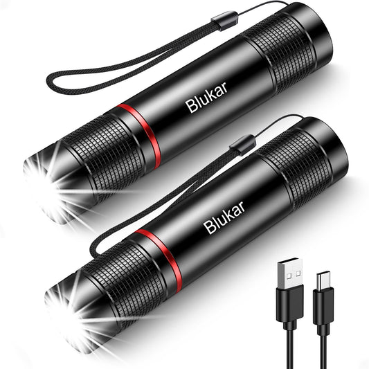 Blukar LED Rechargeable Flashlight 2 Pack, Super Bright Small Handheld Flashlights- Zoomable, Adjustable Brightness, Long Lasting Flash Light, Waterproof Pocket Size Torch Light for Emergency, Camping