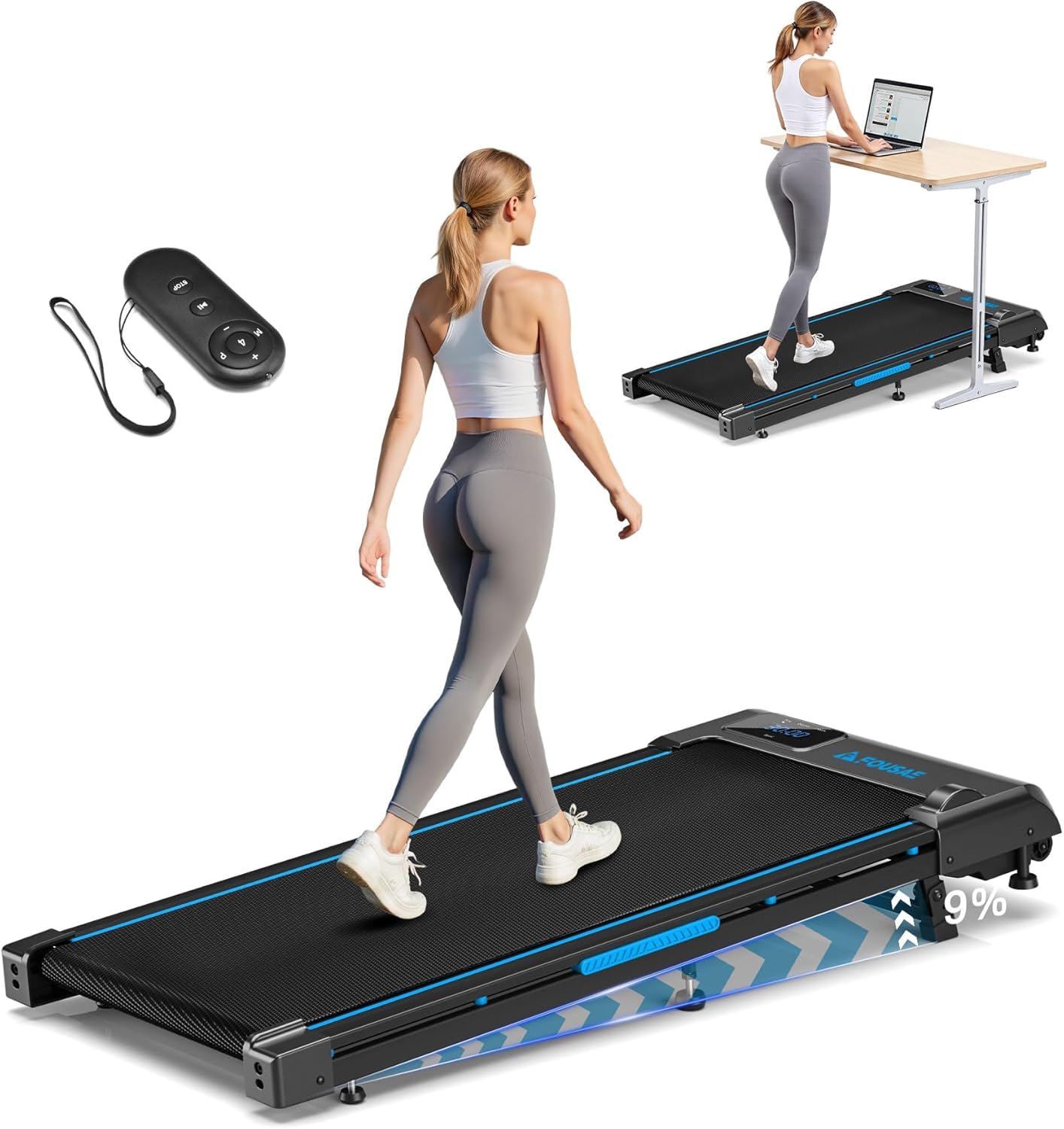 Walking Pad with 9% Incline, FOUSAE 3 in 1 6.2 MPH Treadmill for Home with Double Frame 330 LB Weight Capacity, 2.5 HP Under Desk Walking Pad Treadmill with 12 HIIT Programs, Magnetic Remote Control - Available at All In One Marketplace Canada