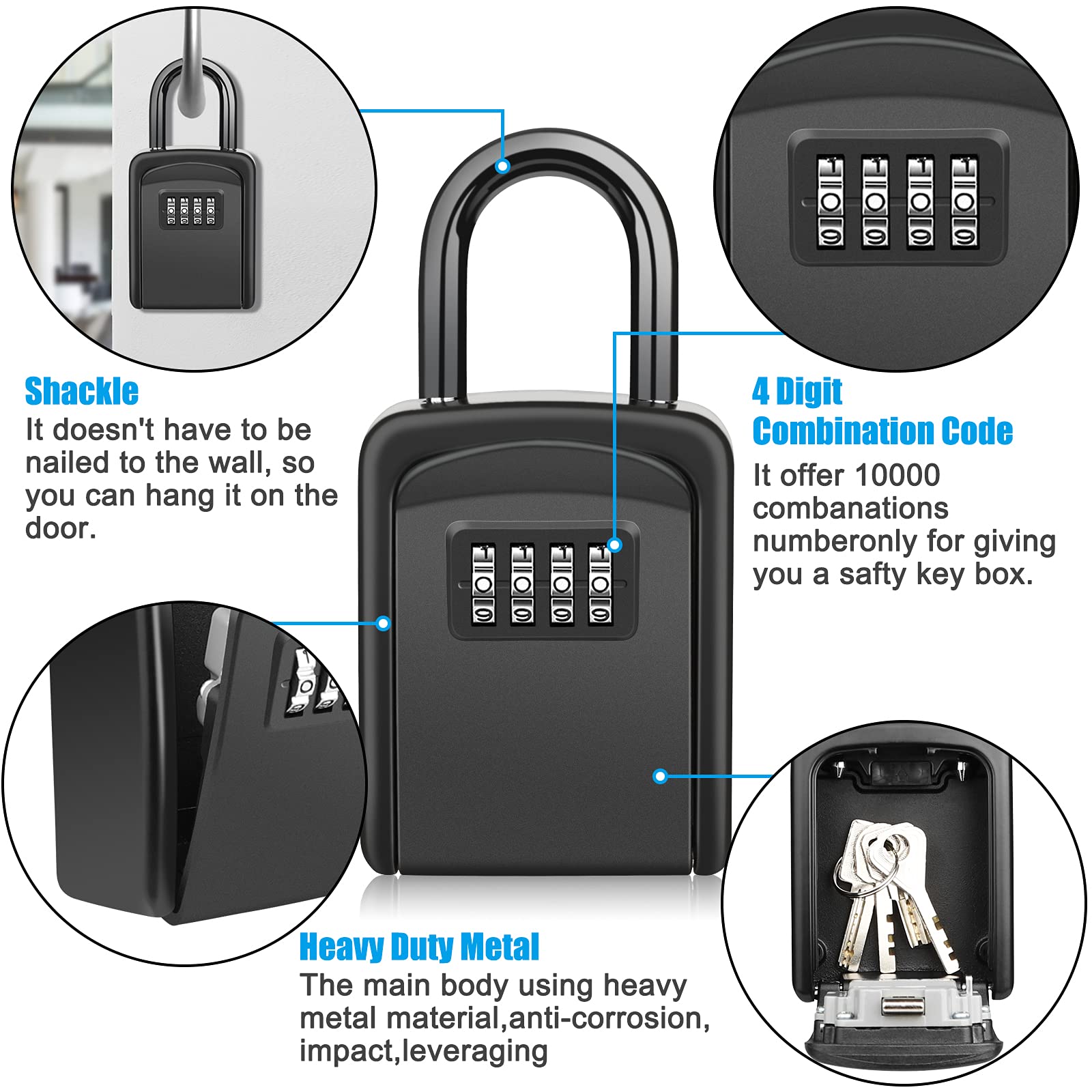 Key Lock Box, [No Installation Require] Diyife Portable Outdoor Lock Box for Keys with Removable Shackle, 5 Keys Capacity, Weatherproof 4-Digit Combination Key Safe for Home AirBnb Office