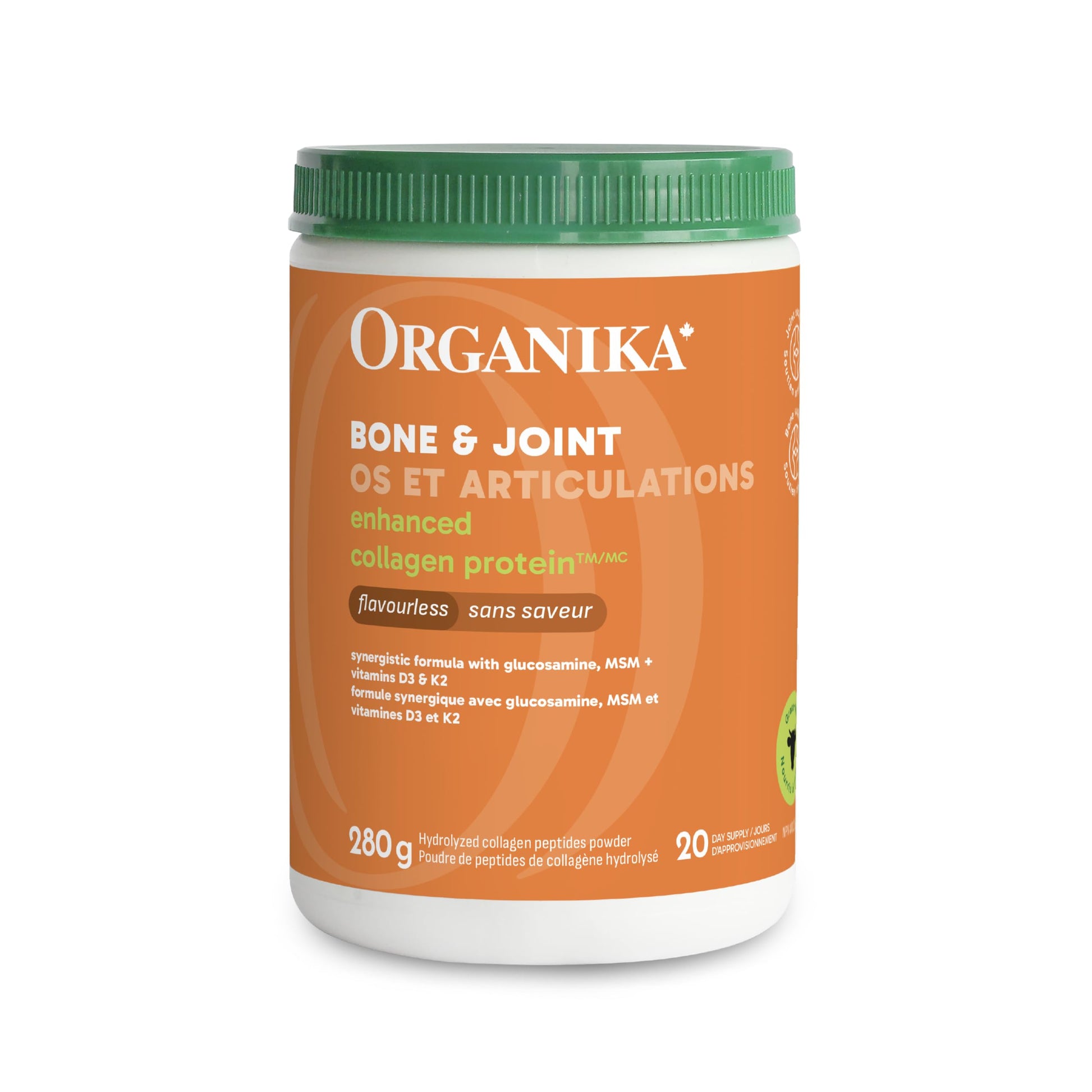 Organika Canadian-Made Enhanced Collagen Bone and Joint Powder - with Glucosamine, MSM, Chondroitin Sulfate, Vitamin D3 and K2 | Helps Restore Bone and Joint Health + Healthier Skin and Hair - 280g Organika