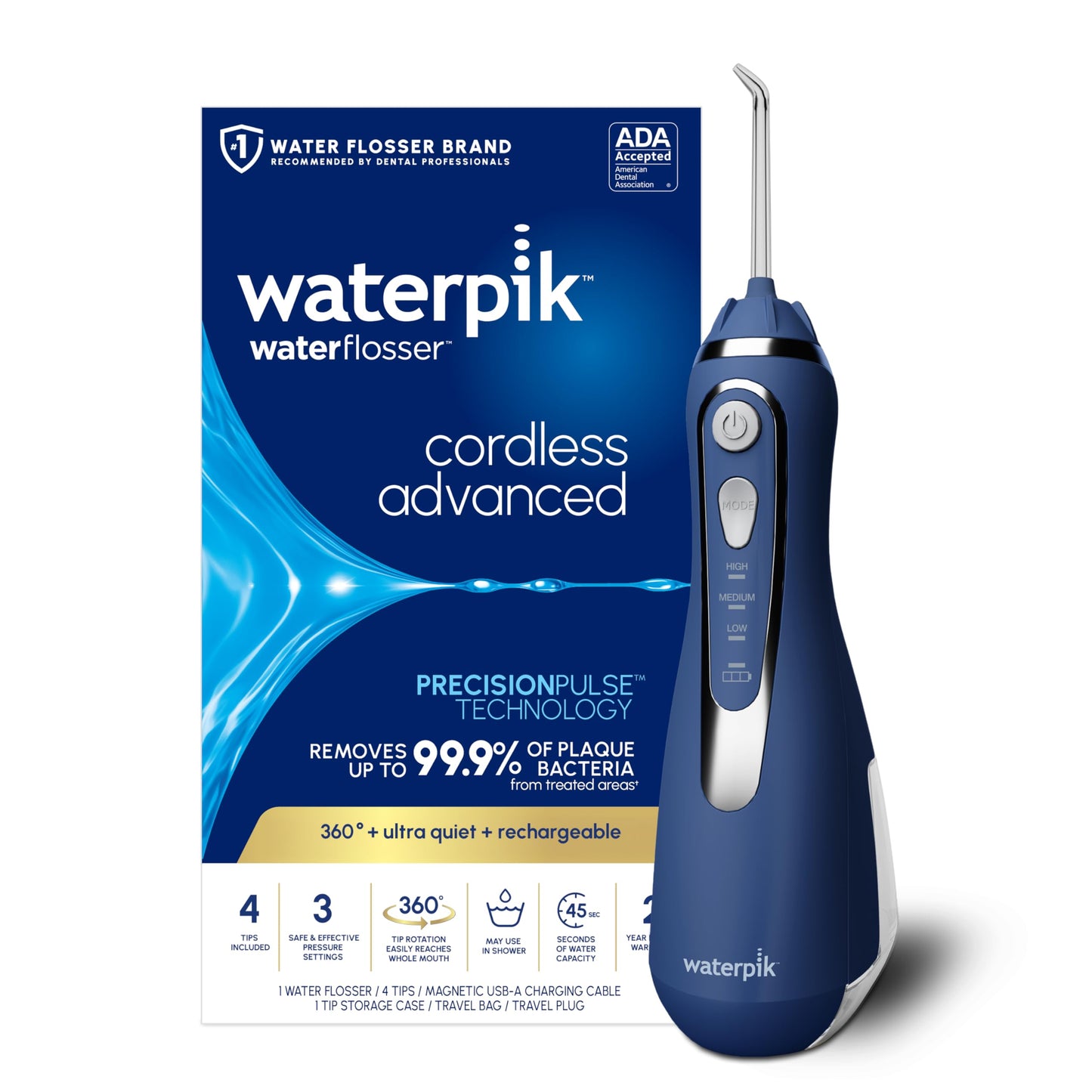 Waterpik Cordless Advanced 2.0 Water Flosser for Teeth, Gums, Braces, Dental Care with Travel Bag & 4 Tips, CDA Validated, Waterproof Rechargeable Handheld, Blue (1 Count) Packaging May Vary - Available at All In One Marketplace Canada