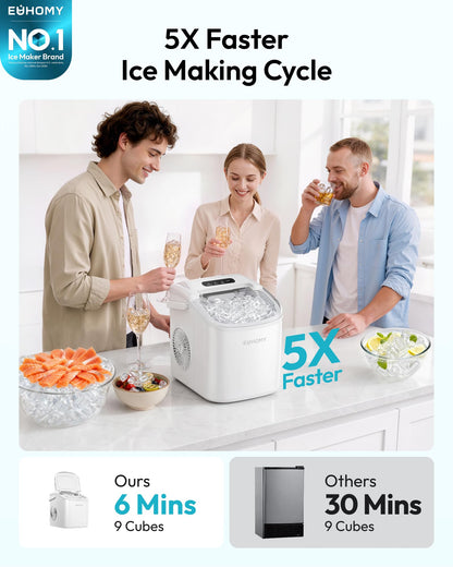 EUHOMY Countertop Ice Maker Machine with Handle, 26lbs Per Day, 9 Ice Cubes Ready in 6 Mins, Auto-Cleaning Portable Ice Maker with Basket and Scoop, for Home/Kitchen/Camping/RV (White)