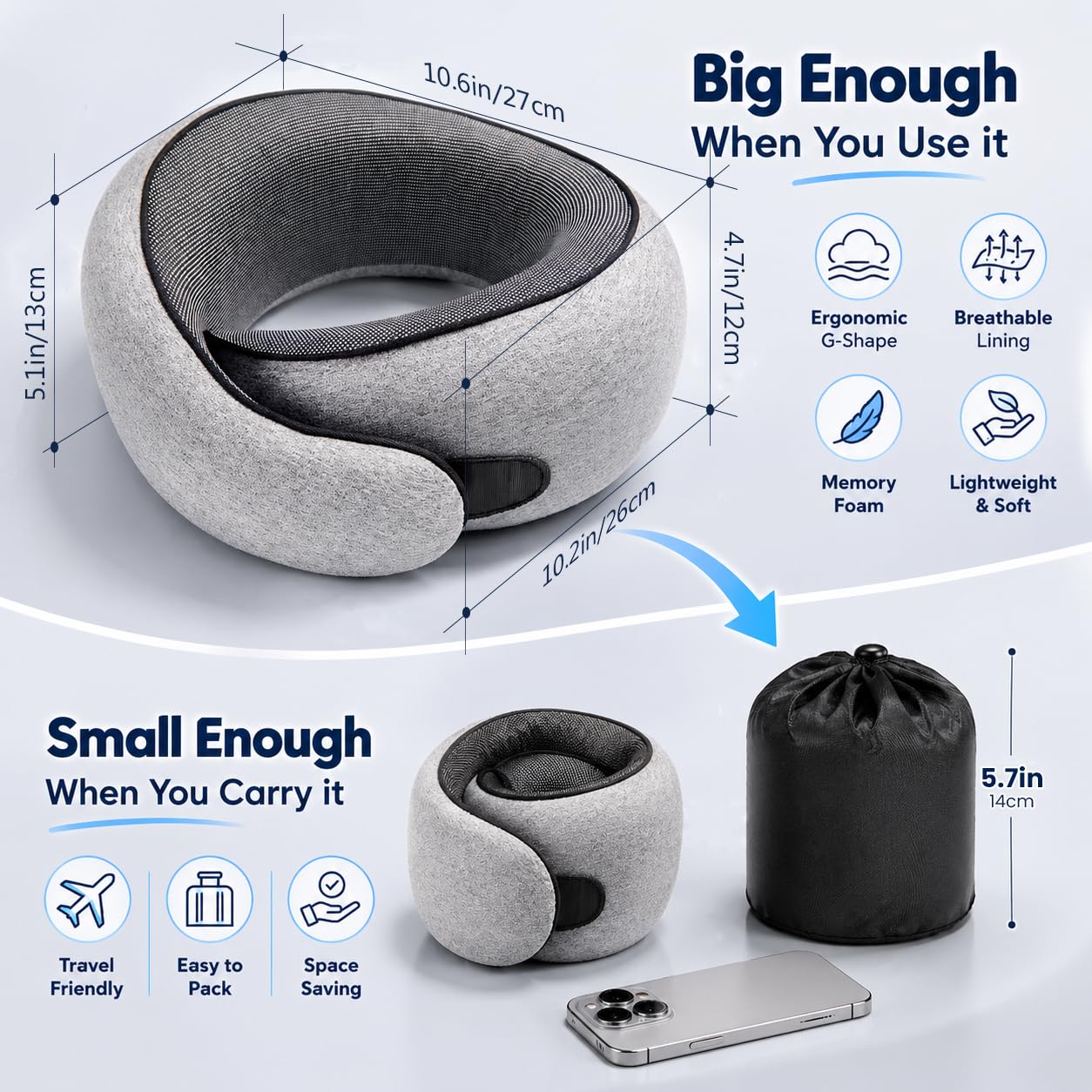 Purroch Neck Pillow Airplane, Travel Pillow with Eye Mask & Earplugs, Memory Foam Pillow with Adjustable Velcro Strap, Pillows for Travel, Plane, Car, Home, Work, Light Grey - Available at All In One Marketplace Canada