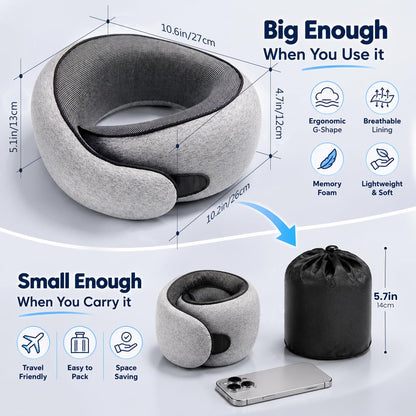 Purroch Neck Pillow Airplane, Travel Pillow with Eye Mask & Earplugs, Memory Foam Pillow with Adjustable Velcro Strap, Pillows for Travel, Plane, Car, Home, Work, Light Grey - Available at All In One Marketplace Canada