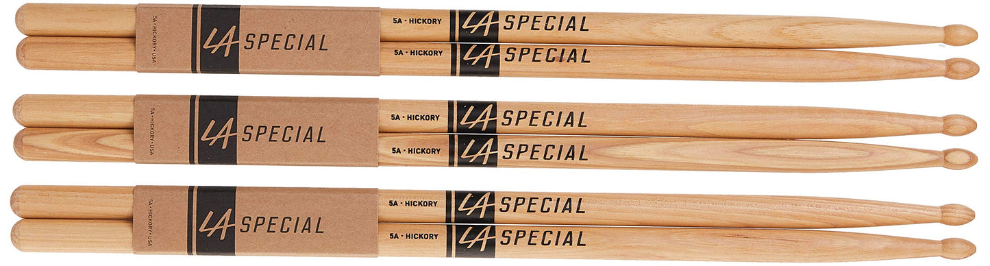 LA Specials Hickory 5A Drum Sticks, Wood Tip, 3-Pair Pack