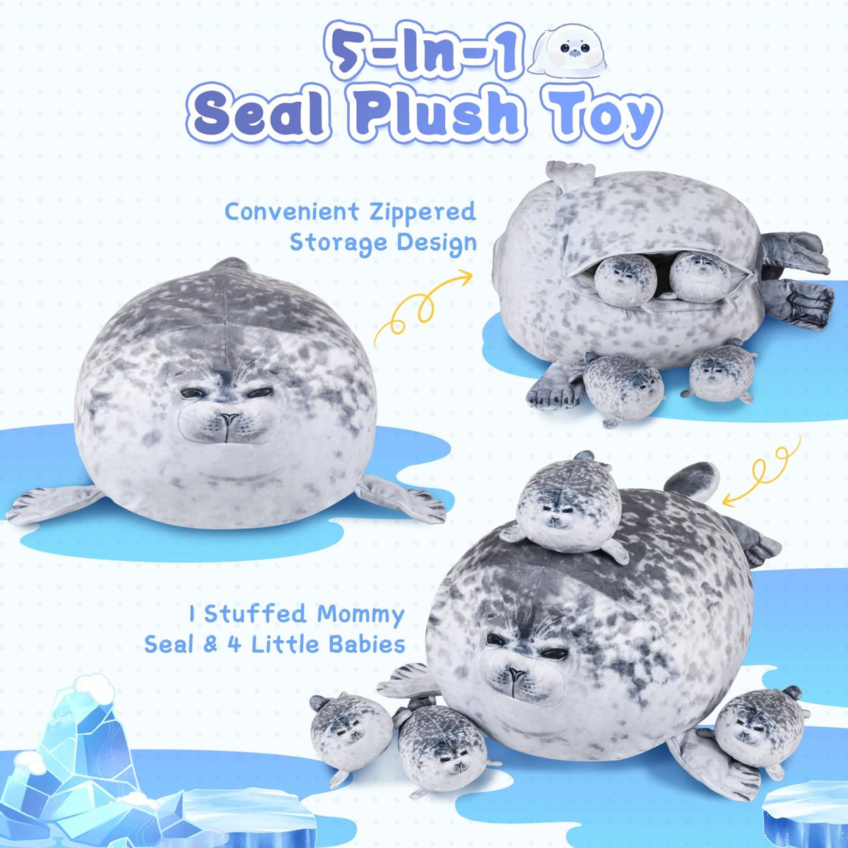 Chubby Seal Pillow Plush with 4 Baby Seal Plushies in Her Tummy 🍁 All In One Marketplace Canada