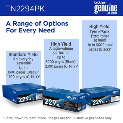 Brother Genuine TN2294PK Standard Yield Black, Cyan, Magenta and Yellow Toner Cartridges
