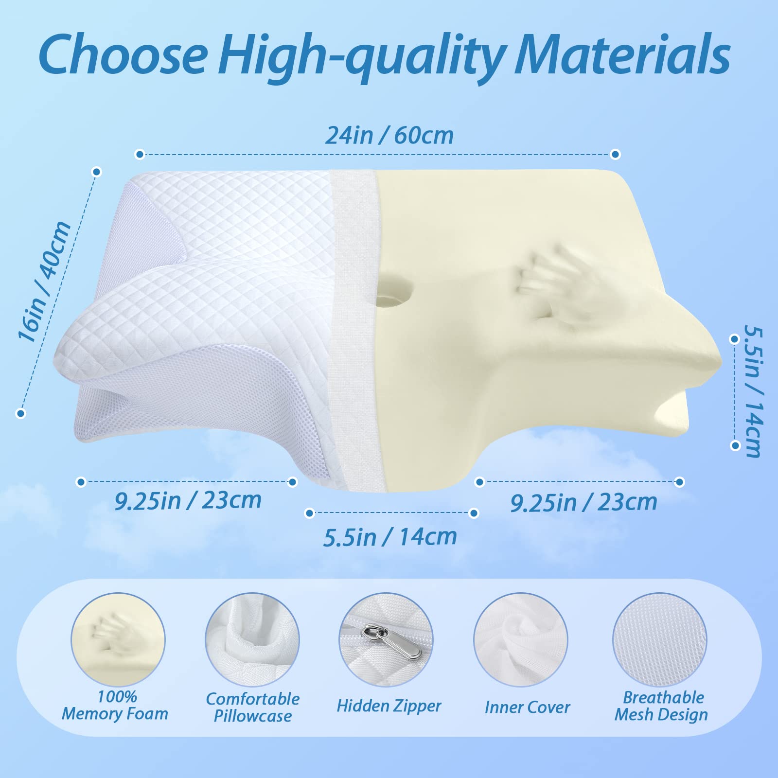 HOMCA Memory Foam Pillow, 2 in 1 Cervical Pillow for Neck Pain Relief, Ergonomic Neck Support Pillows for Side Back Stomach Sleepers with Breathable Pillowcase(White)