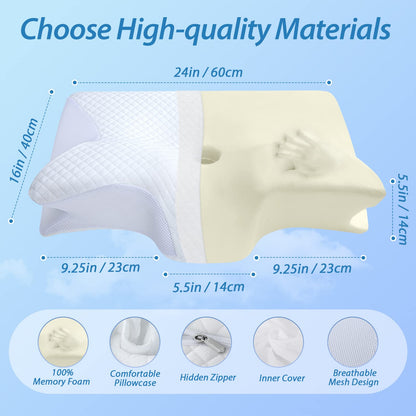 HOMCA Memory Foam Pillow, 2 in 1 Cervical Pillow for Neck Pain Relief, Ergonomic Neck Support Pillows for Side Back Stomach Sleepers with Breathable Pillowcase(White)
