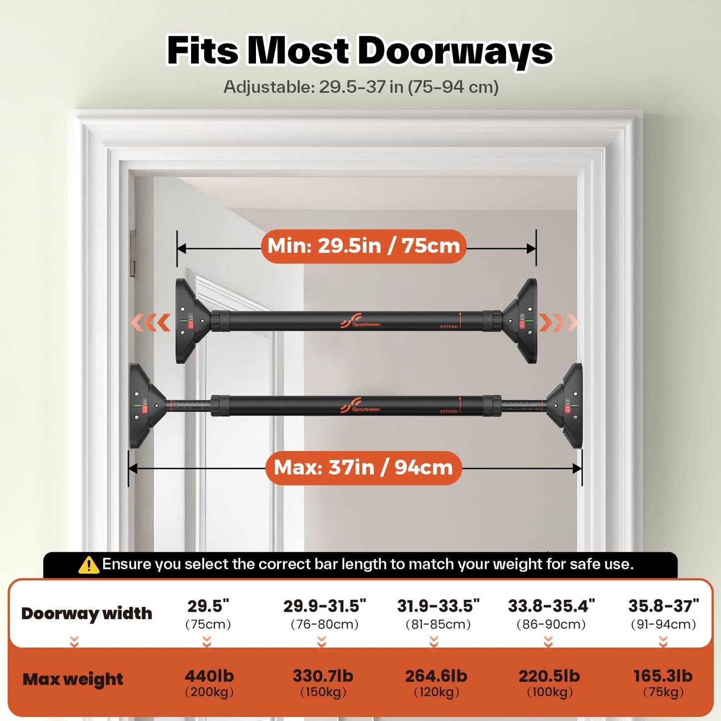 Sportneer Pull Up Bar Doorway Chin Up Bar No Screws Door Frame Chin Up Push Up Sit Up Bar Adjustable 75-94cm (29.5''-37'') Up to 200kg Capacity Workout Bar - Available at All In One Marketplace Canada