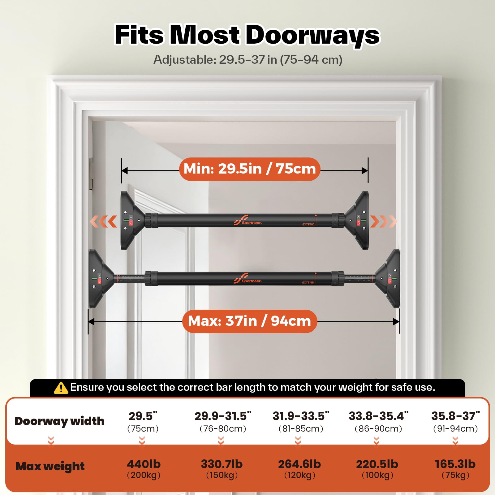 Sportneer Pull Up Bar Doorway Chin Up Bar No Screws Door Frame Chin Up Push Up Sit Up Bar Adjustable 75-94cm (29.5''-37'') Up to 200kg Capacity Workout Bar - Available at All In One Marketplace Canada