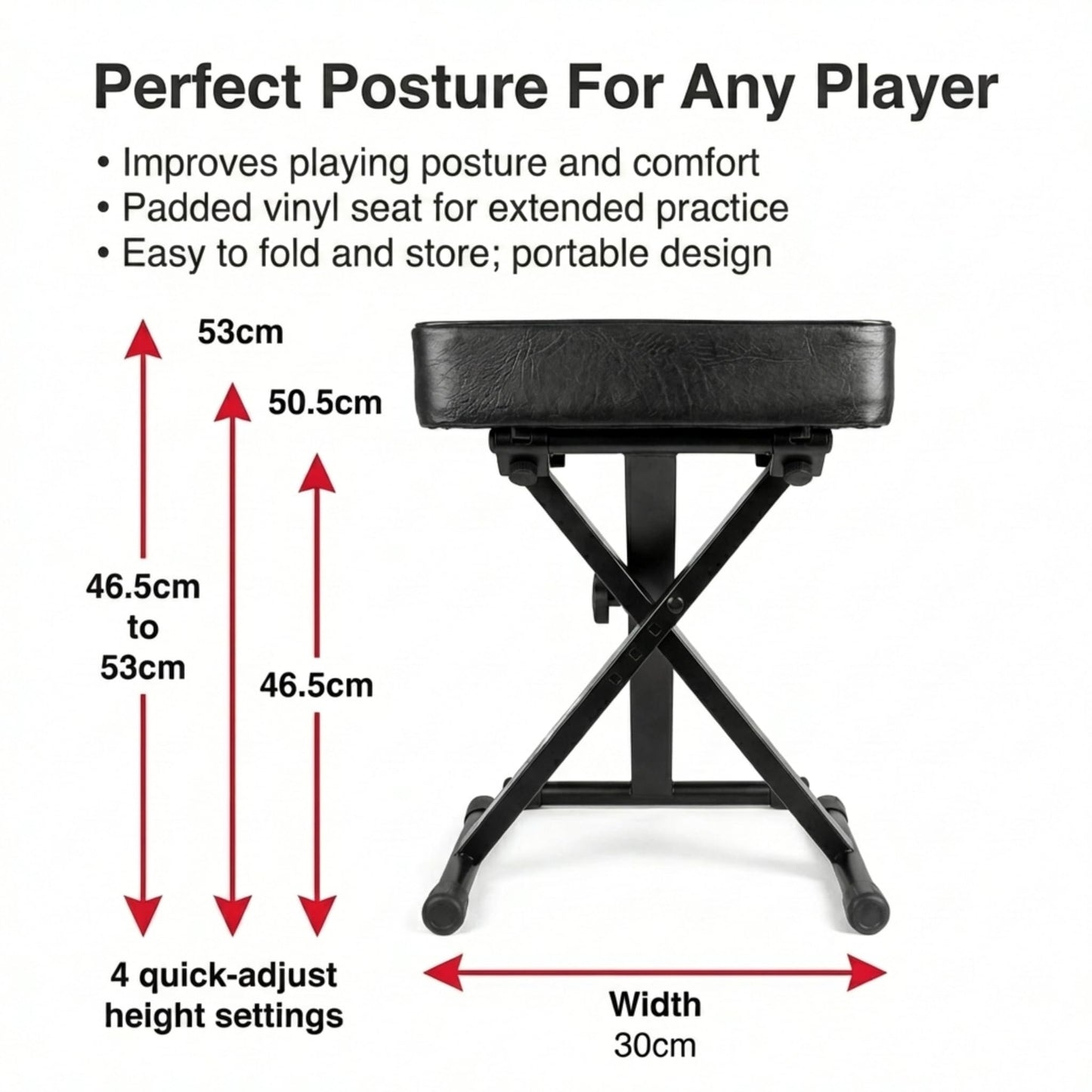 RockJam KB100 Adjustable Padded Keyboard Bench, X-Style, Black