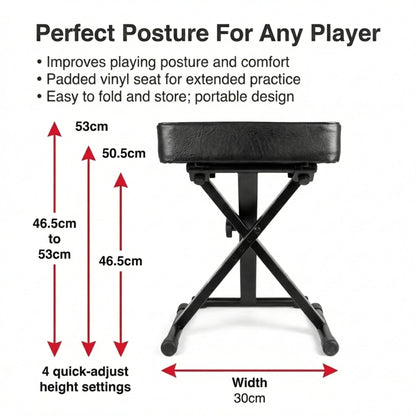 RockJam KB100 Adjustable Padded Keyboard Bench, X-Style, Black