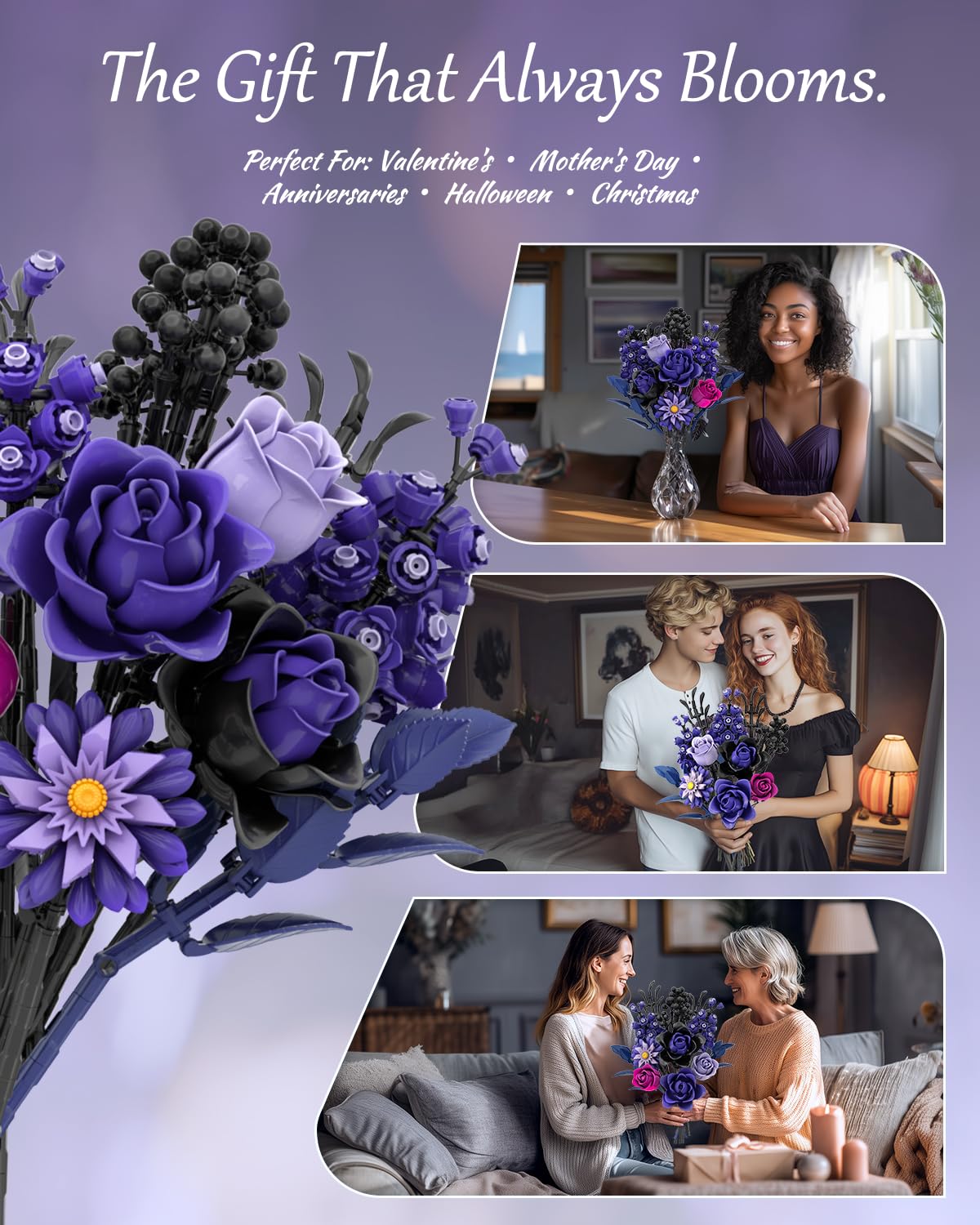Purple Rose Bouquet Building Set, Artificial Floral Building Toys for Gothic Home Decor, Ideal Gift for Halloween & Christmas, Compatible with Lego Flower Set for Adults, Women, and Teen Girls