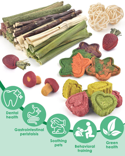ERKOON 53PCS Bunny Chew Toys, Rabbit Chew Toys for Teeth Grinding, Improve Dental Health, 100% Natural Apple Wood Timothy Grass Cake Treats for Rabbits Guinea Pigs Chinchillas Bunnies Hamsters 🍁 All In One Marketplace Canada