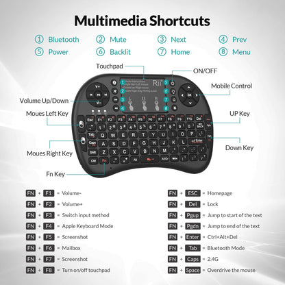 Rii i8+ Mini Wireless Keyboard,Bluetooth Keyboard with Touchpad,Handheld Remote,LED Backlit Compatible with Android TV Box, Android Smart TV,HTPC,Raspberry Pi, Win 7 8 10,Mac OS