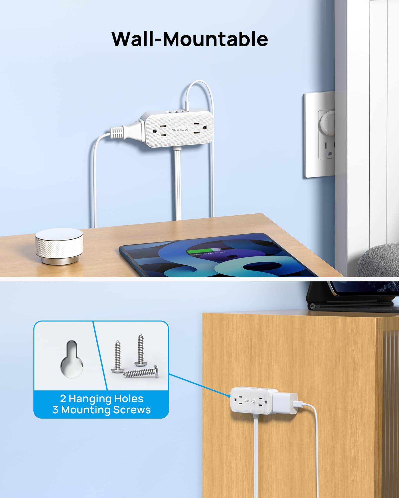 TROND Surge Protector Power Bar with 4 USB Ports(2 USB C), 5FT Slim Flat Plug Extension Cord Indoor, 4 Widely Spaced Outlets, 900J, Wall Mount, Small Power Strip for Office Dorm Home Essentials, White
