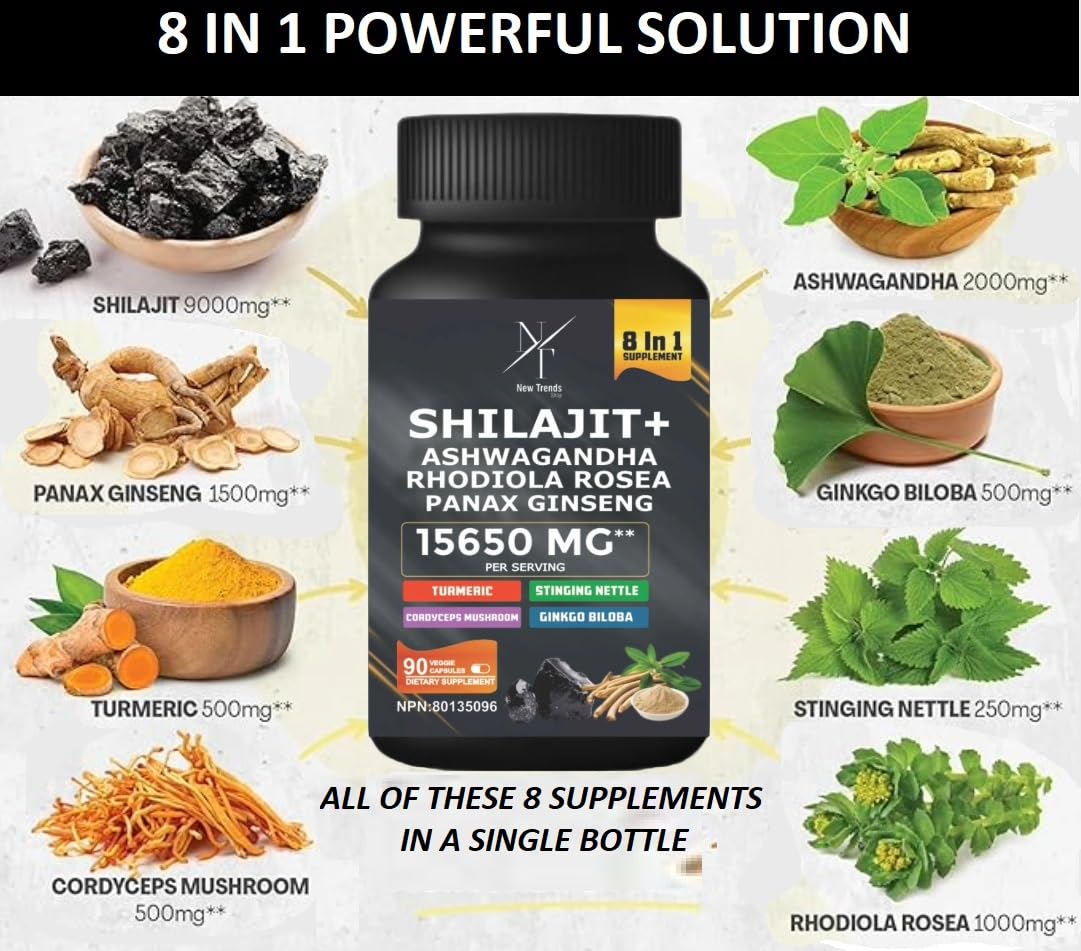 8-in-1 Shilajit Himalayan Organic Supplement with Shilajit 9000, Ashwagandha 2000MG, Rhodiola Rosea 1000MG, Panax Ginseng 1500MG, Cordyceps Mushroom 500MG, Gingko Biloba 500MG, Stinging Nettle 250MG, Turmeric (15,250 MG - 90 Caps) - Available at All In One Marketplace Canada