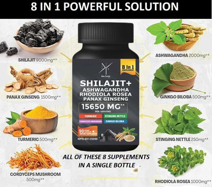 8-in-1 Shilajit Himalayan Organic Supplement with Shilajit 9000, Ashwagandha 2000MG, Rhodiola Rosea 1000MG, Panax Ginseng 1500MG, Cordyceps Mushroom 500MG, Gingko Biloba 500MG, Stinging Nettle 250MG, Turmeric (15,250 MG - 90 Caps) - Available at All In One Marketplace Canada