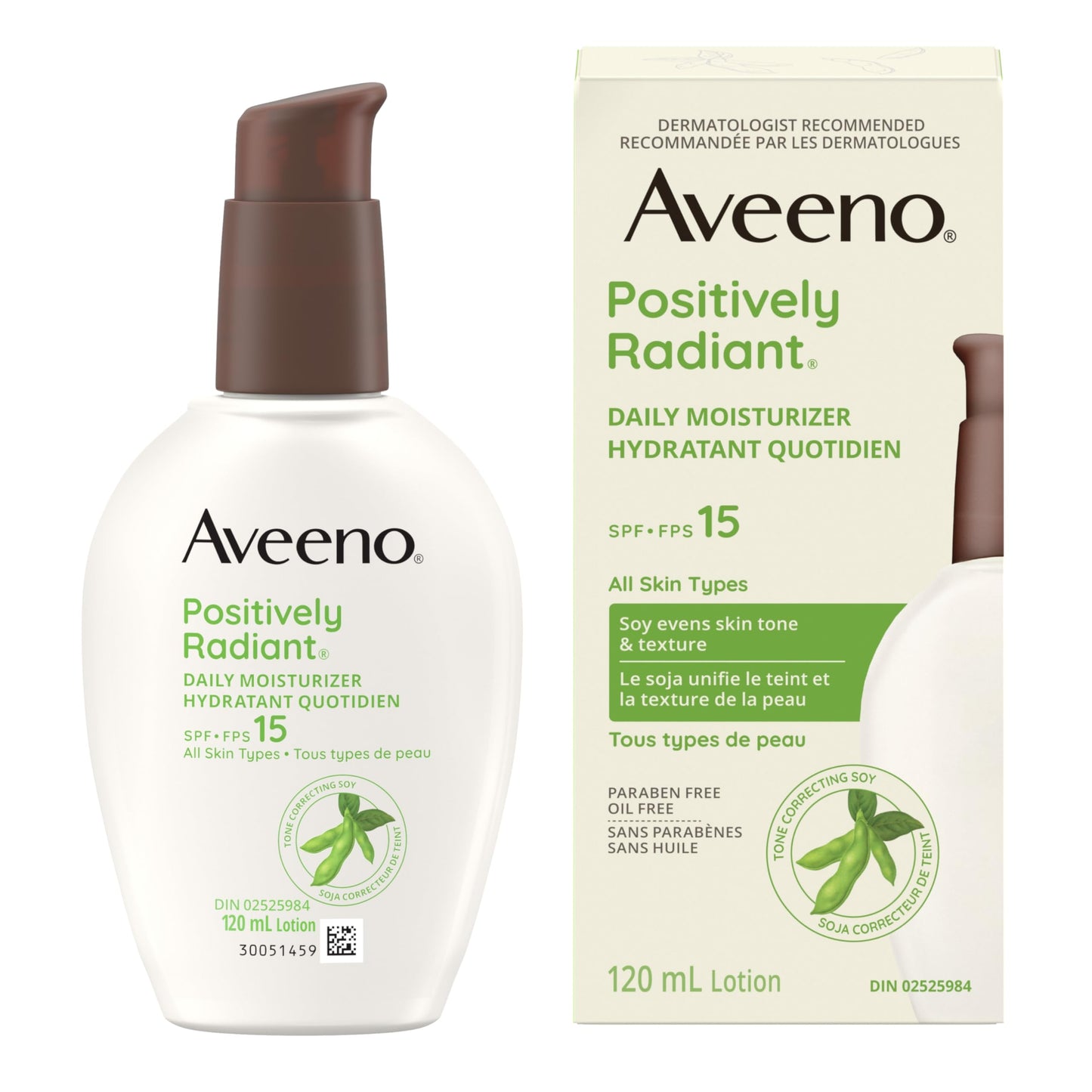Aveeno Positively Radiant Daily Moisturizer SPF 15 - Face Lotion with Soy Formula for Dry Skin, Hypoallergenic & Oil-Free Lotion, Evens Tone & Texture, Non-Comedogenic Moisturizer for Face 120 mL
