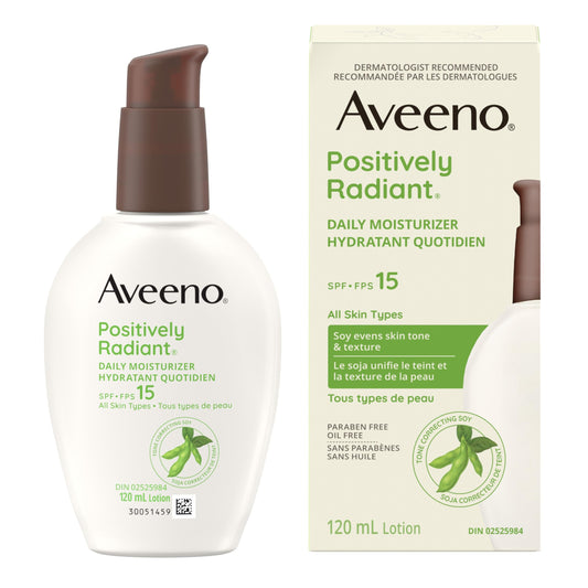 Aveeno Positively Radiant Daily Moisturizer SPF 15 - Face Lotion with Soy Formula for Dry Skin, Hypoallergenic & Oil-Free Lotion, Evens Tone & Texture, Non-Comedogenic Moisturizer for Face 120 mL