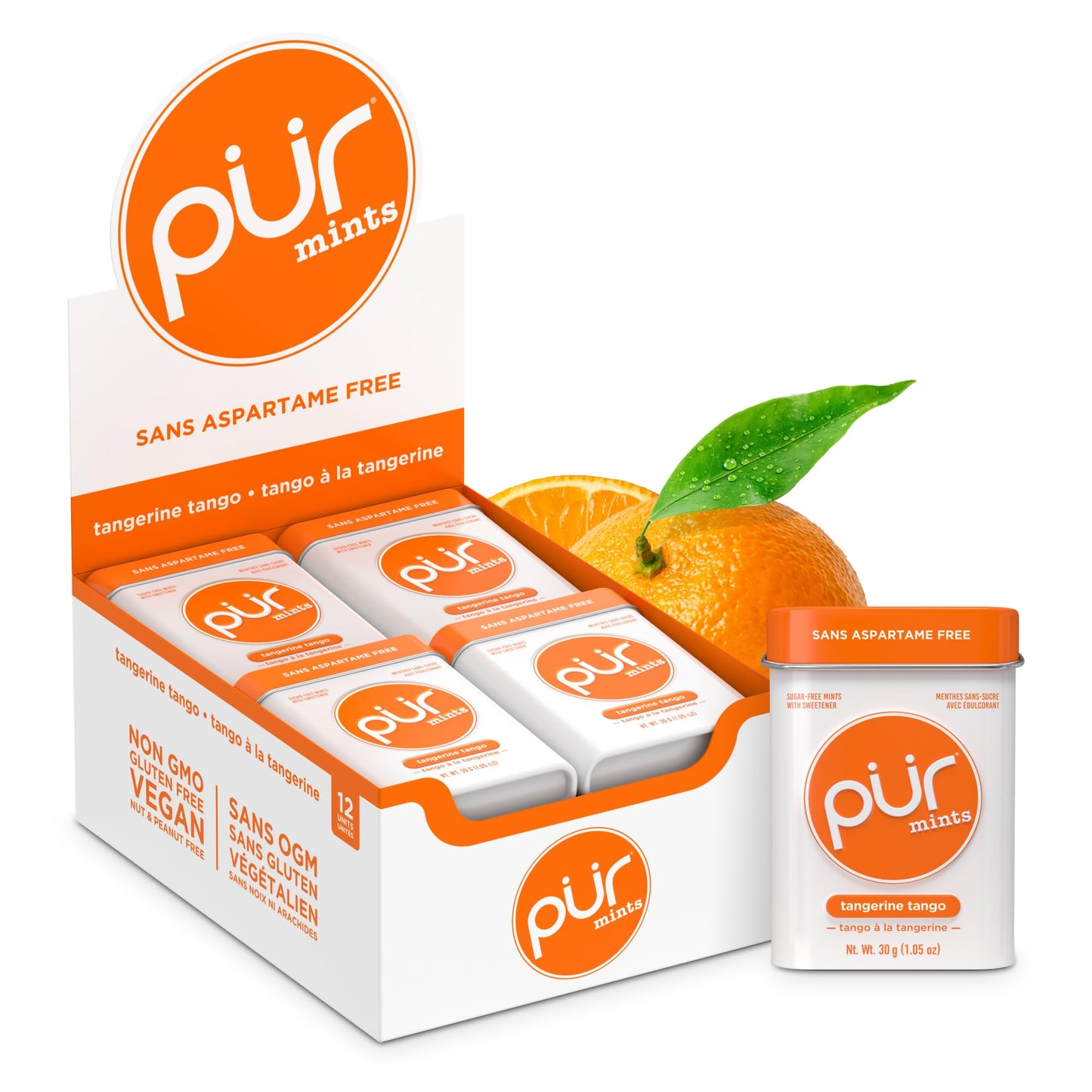 PUR Mints | Aspartame Free | Made with Xylitol | Sugar Free, Vegan, Gluten Free & Keto Friendly | Natural Tangerine Tango Flavoured Mints, 30 Pieces (Pack of 12) - Available at All In One Marketplace Canada