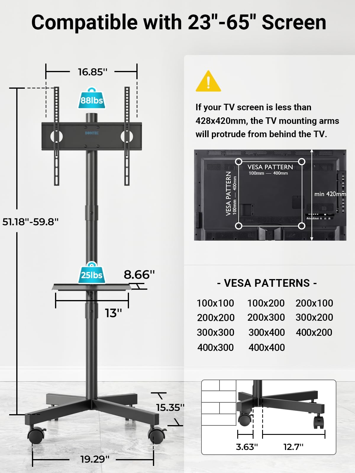 BONTEC Mobile TV Stand, Rolling TV Stand for 23-60 Inch Screens, Adjustable Floor TV Stand with Locking Wheels and Media Shelf, Compatible with VESA 100x100mm to 400x400mm, Holds up to 88 lbs, Black