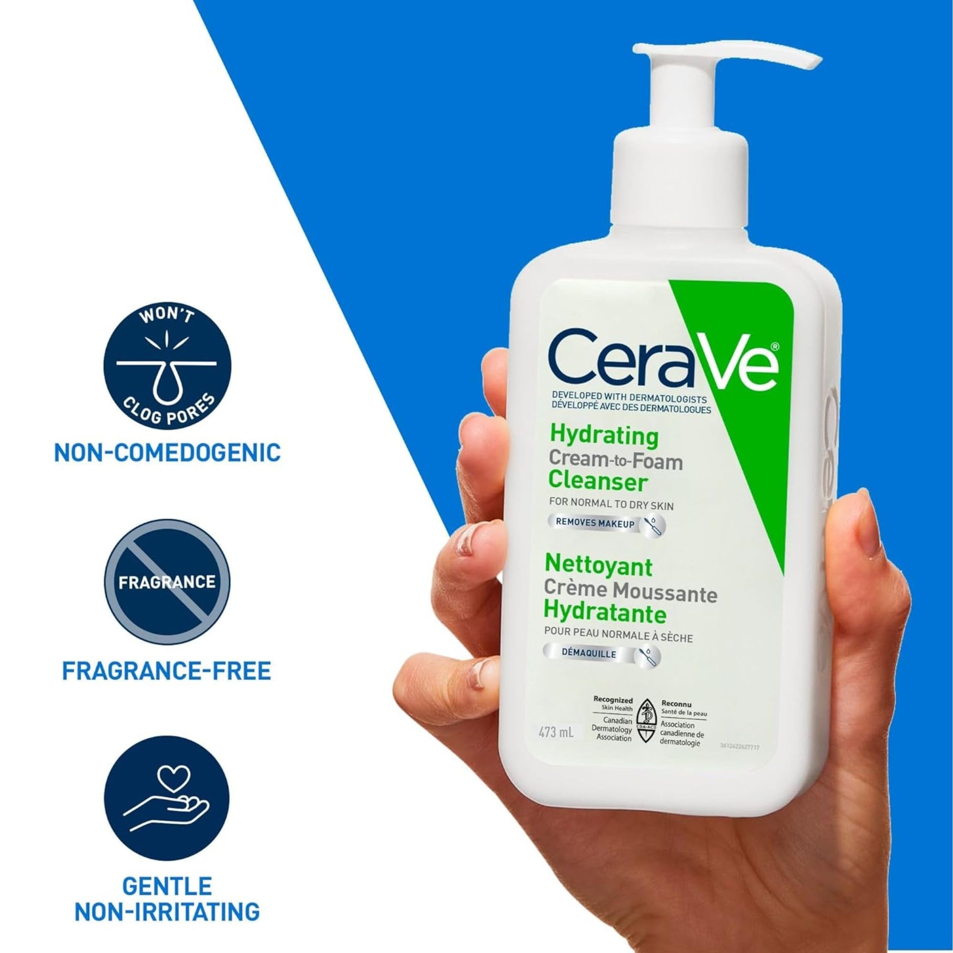 CeraVe Hydrating Cream-to-Foam Face Wash for Normal to Dry Skin, Face Cleanser with Hyaluronic Acid, Amino Acids & Ceramides, Gently Cleanses Skin, Fragrance-Free, Recommended by Dermatologists, 473mL