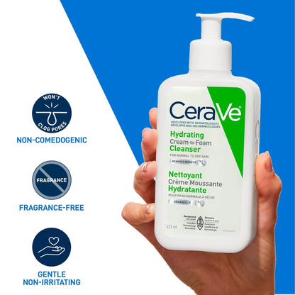 CeraVe Hydrating Cream-to-Foam Face Wash for Normal to Dry Skin, Face Cleanser with Hyaluronic Acid, Amino Acids & Ceramides, Gently Cleanses Skin, Fragrance-Free, Recommended by Dermatologists, 473mL