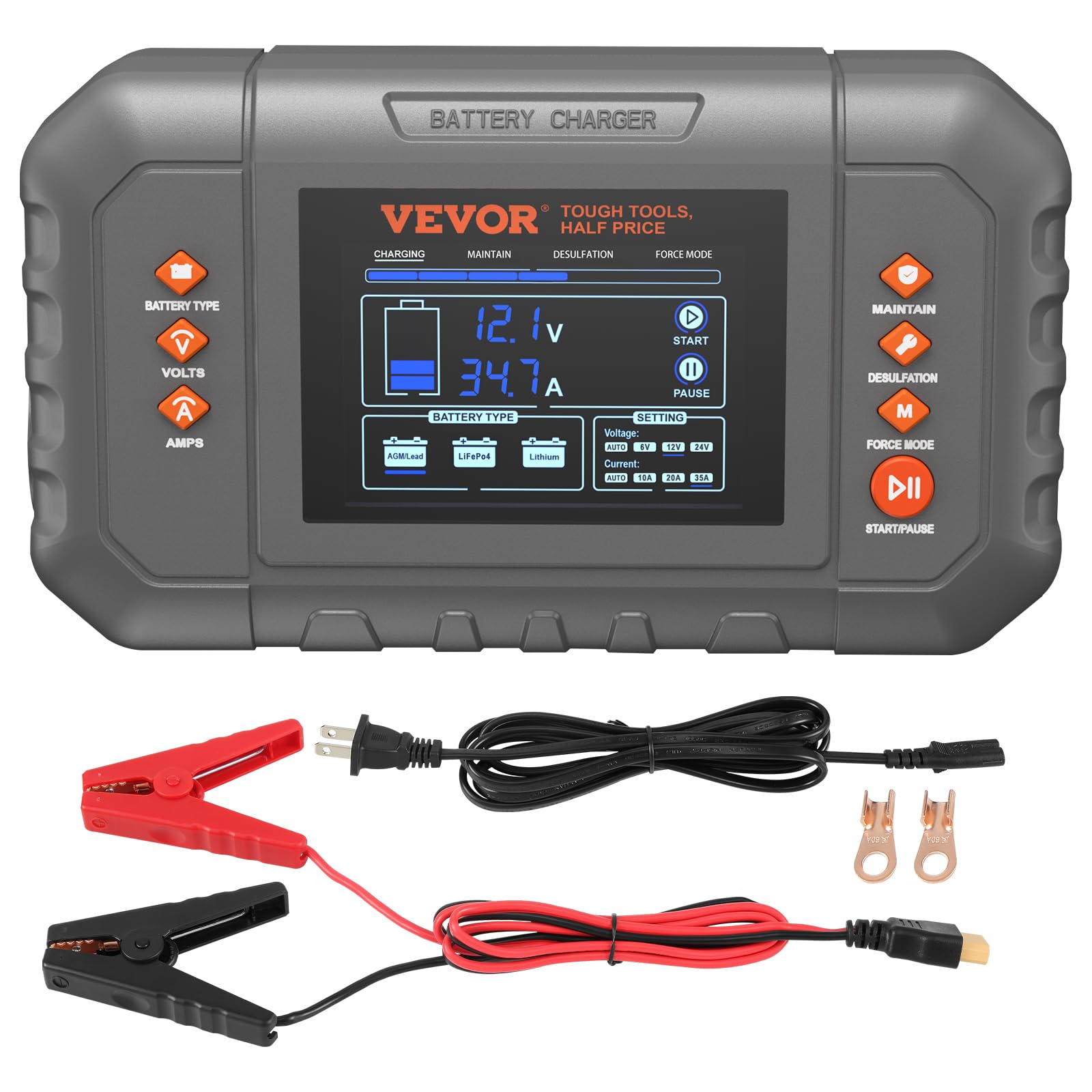 VEVOR Smart Battery Charger, 35-Amp, Lithium LiFePO4 Lead-Acid (AGM/Gel/SLA) Car Battery Charger with LCD Display, Trickle Charger Maintainer Desulfator for Boat Motorcycle Lawn Mower Deep Cycle VEVOR