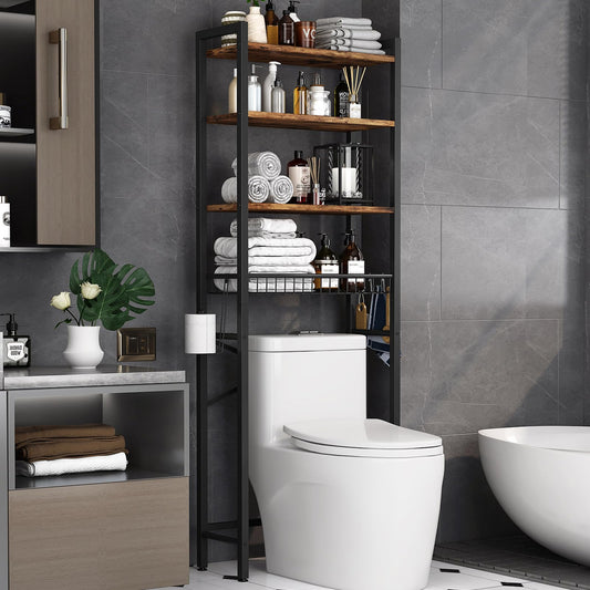 Over-The-Toilet Storage Rack, 4-Tier Bathroom Organizer Shelf Over Toilet with Adjustable Shelf and Basket, Freestanding Space Saver Bathroom Shelves Above Toilet for Room(Vintage Brown) - Available at All In One Marketplace Canada