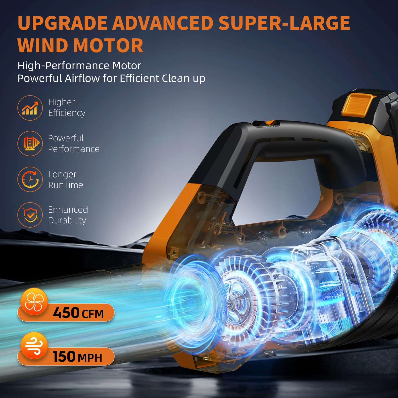 2026 Upgrade Leaf Blower, Leaf Blower Cordless with 2*2.6AH Batteries and Fast Charger, 450CFM &150MPH and 2 Speed Mode, Lightweight Electric Leaf Blowers for Lawn,Yard, Leaves, Dust,Snow Care(Orange)