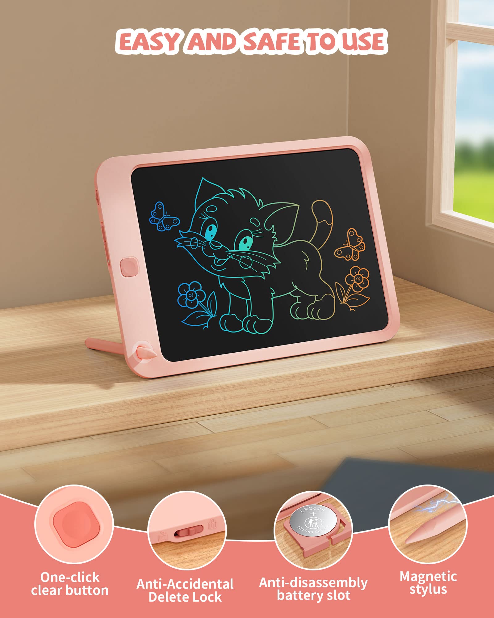 LCD Writing Tablet 10 Inch, Colorful Electronic Doodle Board Drawing Tablet, Memo Board, Drawing Pads with Lanyard, Travel Educational Toys Gifts for Kids Toddlers Age 3 4 5 6 7 8 9 Years Girls(Pink