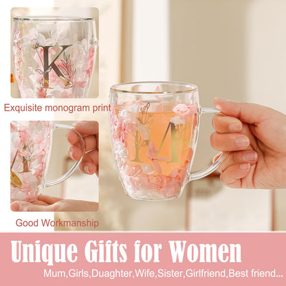 Personalized Gifts for Women Flower Glass Coffee Mug Initial Tea Cup Monogrammed Customized Bridesmaid Bride Wedding Graduation Gifts Valentine Mother's Day for Mom Sister Birthday Christmas Gifts (M) 🍁 All In One Marketplace Canada