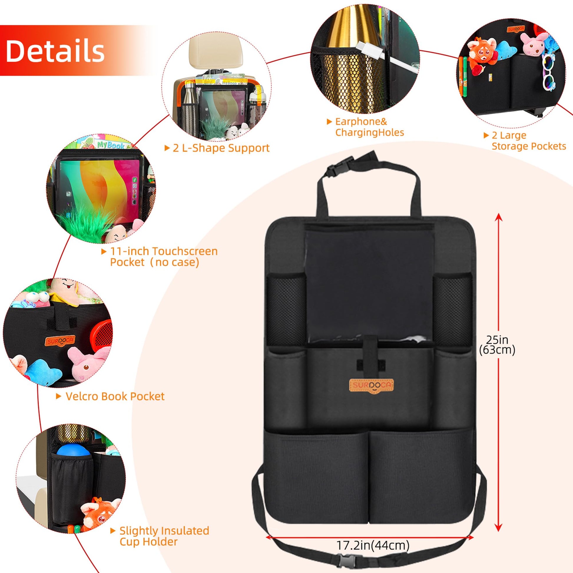 SURDOCA Car Seat Organizer with 11Inch Tablet Holder,8 Pockets,4th Gen Road Trip Essentials for Kids,Backseat Organizer Protectors Storage Accessories