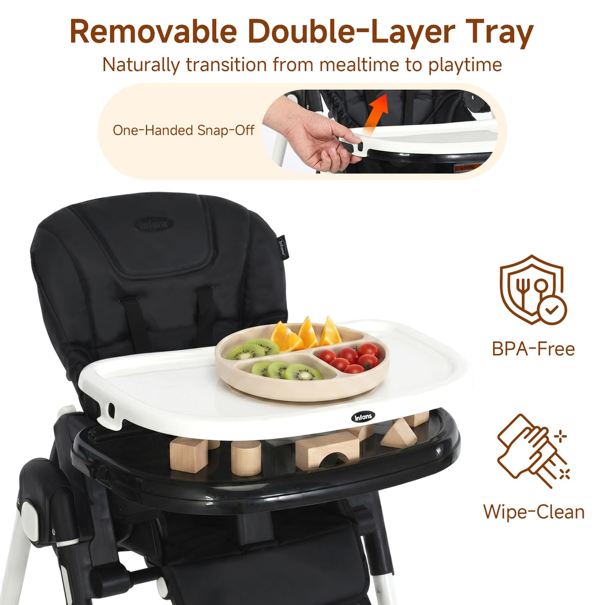 INFANS High Chair for Babies & Toddlers, Foldable Highchair with Multiple Adjustable Backrest, Footrest and Seat Height, Removable Tray, Detachable PU Leather Cushion, Built-in Rear Wheels (Black) (Black)