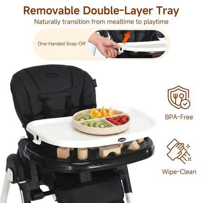 INFANS High Chair for Babies & Toddlers, Foldable Highchair with Multiple Adjustable Backrest, Footrest and Seat Height, Removable Tray, Detachable PU Leather Cushion, Built-in Rear Wheels (Black) (Black)
