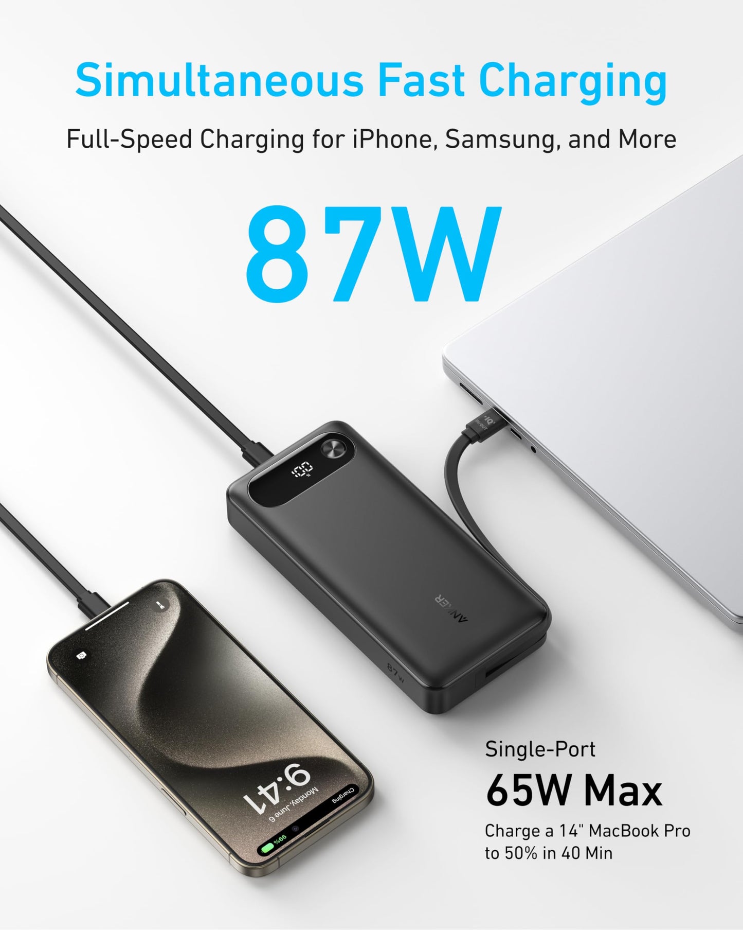 ANKER Power Bank, 20,000mAh Travel Essential Portable Charger with Built-in USB-C Cable, 3-Port 87W Max Fast Charging Battery Pack, for iPhone 17/16/15 Series, Samsung, Switch, and More (Black) - Available at All In One Marketplace Canada