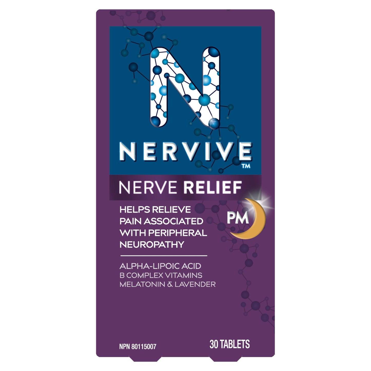 Nervive Nerve Relief PM, Helps Relieve Pain associated with Peripheral Neuropathy, Alpha Lipoic Acid ALA, Vitamins B1-Thiamine, B6, & B12, Melatonin, Chamomile, Lavender, 30-Night Supply, 30 Count - Available at All In One Marketplace Canada