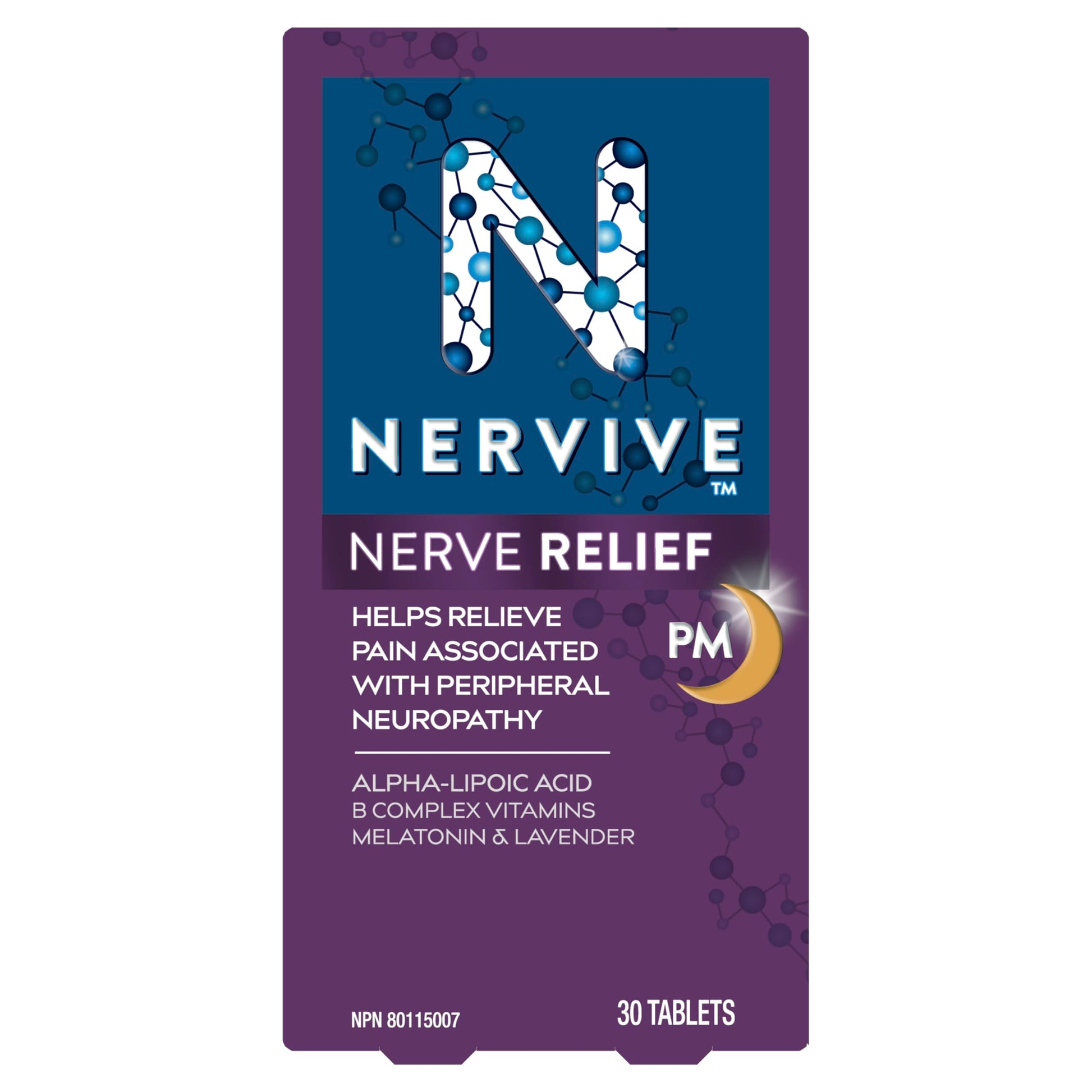 Nervive Nerve Relief PM, Helps Relieve Pain associated with Peripheral Neuropathy, Alpha Lipoic Acid ALA, Vitamins B1-Thiamine, B6, & B12, Melatonin, Chamomile, Lavender, 30-Night Supply, 30 Count - Available at All In One Marketplace Canada