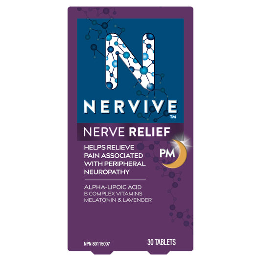 Nervive Nerve Relief PM, Helps Relieve Pain associated with Peripheral Neuropathy, Alpha Lipoic Acid ALA, Vitamins B1-Thiamine, B6, & B12, Melatonin, Chamomile, Lavender, 30-Night Supply, 30 Count - Available at All In One Marketplace Canada