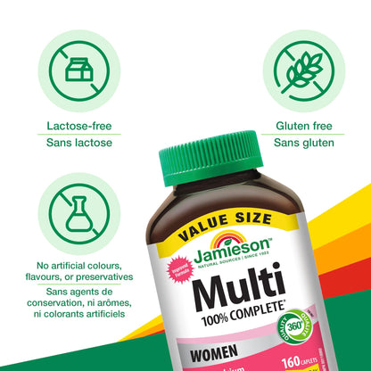 Jamieson 100% Complete Multivitamin for Women, with Cranberry, Biotin and Calcium, Supports Energy, Immunity, Everyday Health, Healthy Skin, and Bone Health, One Per Day, 160 Caplets - Available at All In One Marketplace Canada