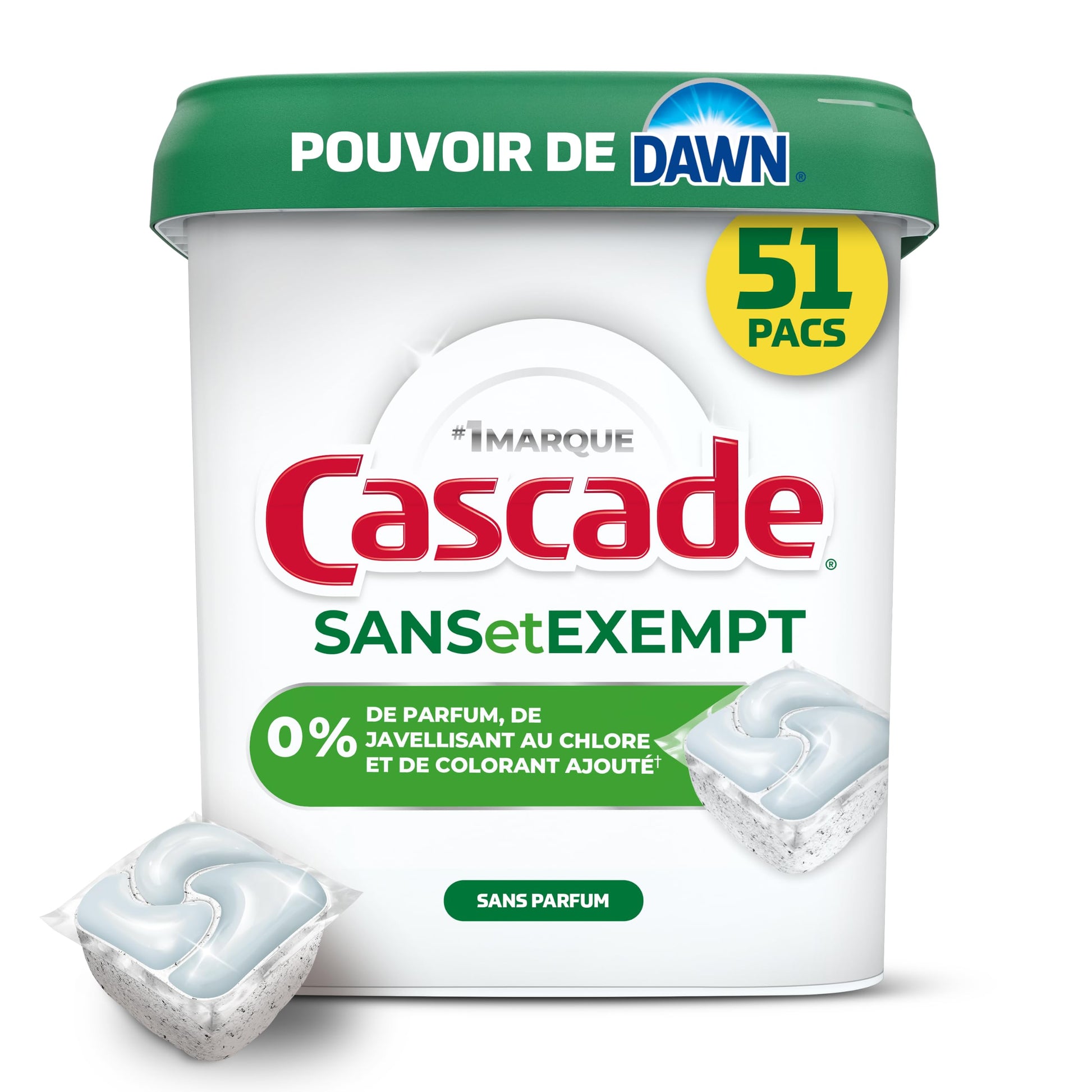 Cascade Free & Clear Dishwasher Detergent Pods, Dish Detergent Soap, 0% Added Perfume, Chlorine Beach & Dye, Unscented, 51 Count - Available at All In One Marketplace Canada
