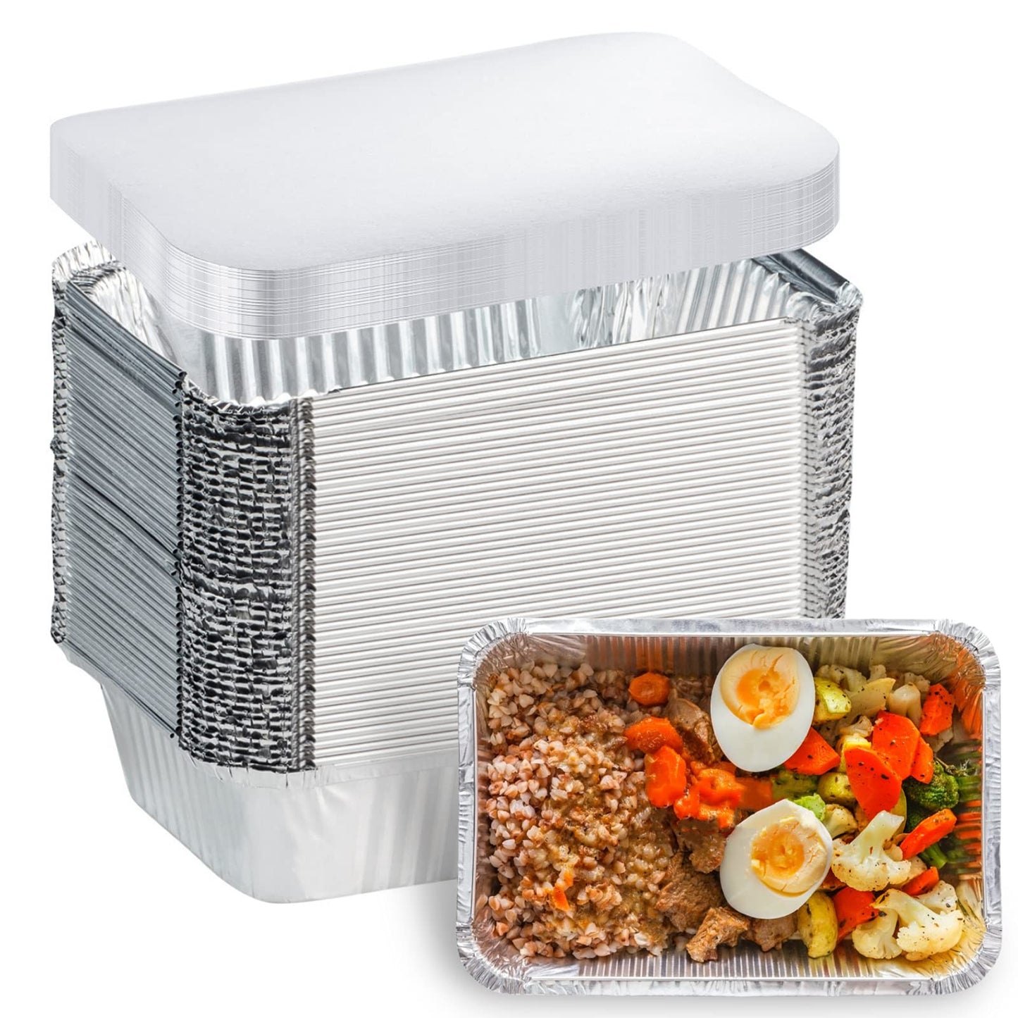 Aluminum Pans with Lids (50-Pack, 8.5"×6") 2.25 LB Capacity Foil Food Containers with Lids - 50 Pans and 50 Cardboard Covers - Disposable Tin Foil Pans - for Baking, Meal Prep and Freezer, Takeout - Available at All In One Marketplace Canada