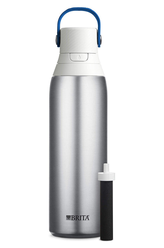 Brita Insulated Stainless Steel Filtering Water Bottle with Straw, BPA-Free Water bottle for Sports, Travel or Hiking, Great for gifting, Easy-carry loop, Leak-proof lid, 26 Oz, Silver BRITA