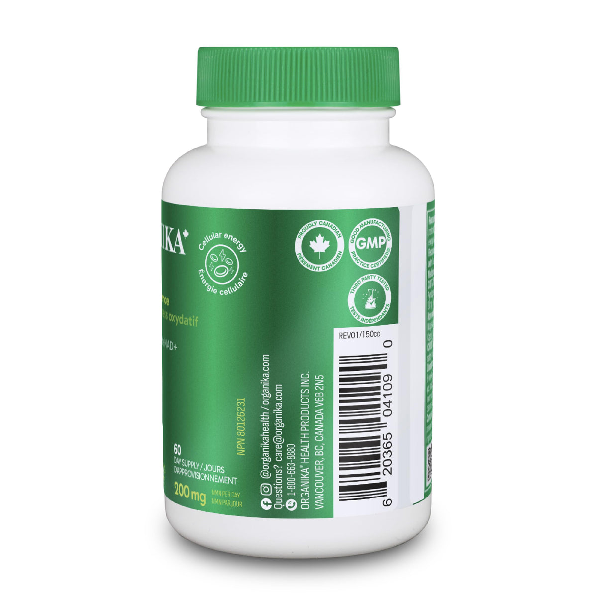 Organika Canadian-Made NMN + PQQ- Anti-Aging Support Supplement, Cellular Revitalization, Energy Metabolism, Cognitive Function- 60vcaps